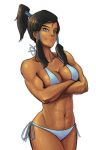 1girl abs avatar:_the_last_airbender bikini black_hair blue_bikini blue_eyes breasts cleavage crossed_arms dark-skinned_female dark_skin female female_only hair_tubes korra kyoffie long_hair muscle navel side-tie_bikini smile solo solo_female swimsuit the_legend_of_korra the_legend_of_korra* topknot