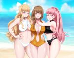 1girl 3_girls alluring alternate_costume big_breasts bikini black_bikini black_swimsuit blonde_hair brown_hair center_opening charlotte_(fire_emblem) cleavage female_only fire_emblem fire_emblem:_three_houses fire_emblem_engage fire_emblem_fates goldmary_(fire_emblem) hilda_valentine_goneril hugging incognigoat intelligent_systems long_hair navel navel_cutout nintendo one-piece_bikini pink_hair ponytail swimsuit very_long_hair white_bikini white_swimsuit yellow_bikini yellow_one-piece_bikini