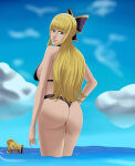 1girl 2_girls alluring alternate_costume ass back_view bangs big_ass big_breasts bikini blonde_hair blue_eyes charlotte_(fire_emblem) esliminator fire_emblem fire_emblem_fates huge_ass intelligent_systems kana_(fire_emblem) kana_(fire_emblem)_(female) large_ass long_hair looking_back nintendo partially_submerged purple_bikini purple_swimsuit ribbon sideboob smile solo_focus swimsuit water wide_hips