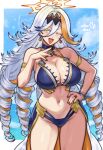 1girl 1girl ;d alluring alternate_costume baldr_(fire_emblem_heroes) big_breasts bikini blonde_hair blue_bikini bracelet colored_inner_hair drill_hair earrings fire_emblem fire_emblem_heroes gluteal_fold halo hand_on_own_chest hand_on_own_hip high_res intelligent_systems jewelry long_hair looking_at_viewer multicolored_hair navel nintendo ojou-sama_pose one_eye_closed open_mouth rotomdocs smile swimsuit thighs very_long_hair white_hair yellow_eyes