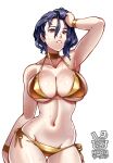1girl 1girl 1girls alluring arm_up big_breasts big_breasts bikini black_hair cleavage curvy female_only fire_emblem fire_emblem:_three_houses gold_bikini hakuramen intelligent_systems nintendo shamir_nevrand short_hair thick_thighs ts voluptuous voluptuous_female water wet wet_body wide_hips