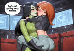 2_girls after_kiss age_difference angry annoyed arm_around_neck ass ass_grab asymmetrical_gloves bangs big_ass big_breasts black_bodysuit black_gloves black_hair black_lipstick black_shirt blush bodysuit breasts brooch brown_hair carrying closed_mouth confrontation couple disney duo english_text eye_contact female/female female_only femdom femsub gloves grabbing grabbing_another's_ass green_bodysuit green_brooch green_eyes green_gloves green_skin grey_pants hair_between_eyes half-closed_eyes heroine hugging indoors jewelry kim_possible kimberly_ann_possible leg_lock legs lezdom light-skinned_female light_skin lips lipstick long_hair long_sleeves looking_at_another love makeup medium_breasts midriff multicolored_bodysuit multicolored_clothes multiple_girls mutual_yuri naughty_face neck open_mouth pale-skinned_female pale_skin pants parted_bangs pink_lipstick rivals romantic romantic_couple round_teeth saliva saliva_trail seductivequeen seductivequeen_(artist) shego shirt skin_tight smile speech_bubble standing straight_hair supervillainess surprised sweat sweating talking teen teenage_girl teeth text thick_eyebrows thighs turtleneck turtleneck_shirt two-tone_bodysuit upper_teeth upper_teeth_only very_long_hair villainess yuri