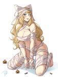 1girl 1girl 1girl absurd_res all_fours bandages barefoot big_breasts blonde_hair blue_eyes blunt_bangs bow breasts candy charlotte_(fire_emblem) cleavage delicious_brain deliciousbra female_only fire_emblem fire_emblem_fates food hairbow halloween halloween_costume high_res intelligent_systems jack-o'-lantern kneel looking_at_viewer mummy_costume nintendo open_mouth panties short_bangs underwear white_bow white_panties