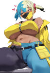 1girl 1girl absurd_res alternate_breast_size_(larger) aqua_hair aqua_pants bandeau bare_shoulders belt black_belt black_hair black_pants blonde_hair blush breasts bright_pupils canari_(pokemon) canary_(pokemon) cleavage commentary_request crop_top dark-skinned_female dark_skin dush_1154 game_freak heart high_res huge_breasts jacket looking_at_viewer mask mouth_mask multicolored_clothing multicolored_eyes multicolored_hair multicolored_mask multicolored_pants navel nintendo open_clothes open_jacket pants plump pokemon pokemon_legends:_z-a pussy pussy_juice pussy_juice_drip_through_clothes simple_background sitting stomach sweat twin_tails two-tone_clothing two-tone_hair two-tone_mask two-tone_pants under_boob white_background white_pupils yellow_bandeau yellow_jacket