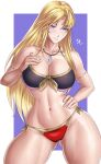 1girl alluring alternate_costume arcedo ass_visible_through_thighs athletic_female bare_thighs big_breasts bikini black_bikini blonde_hair clarisse_(fire_emblem) cleavage commission commission_art female_abs female_only fire_emblem fire_emblem:_new_mystery_of_the_emblem fit_female grin intelligent_sytems long_hair nintendo pointy_chin purple_eyes red_bikini smile swimsuit thick_thighs thighs very_long_hair