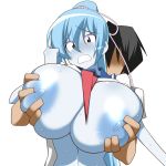  1girl aoi_(gegege_no_kitarou) blue_hair blue_skin breast_grab breasts female gegege_no_kitaro gegege_no_kitarou grabbing huge_breasts makarou nipples ponytail school_uniform serafuku solo_focus surprised sweat touei yuki-onna yuki_onna yuki_onna_(gegege_no_kitarou) 