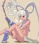  1girl blue_eyes blush bow bow_(weapon) dark_skin face female haganemaru_kennosuke long_hair majikina_mina masturbation no_panties ponytail pussy samurai_spirits snk solo tabi uncensored weapon white_hair 