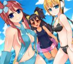  3girls belly big_hair bikini black_hair blonde_hair blue_eyes breasts cleavage creatures_(company) dark-skinned_female dark_skin dutch_angle elesa_(pokemon) female fuuro_(pokemon) game_freak gym_leader hair hair_ornament humans_of_pokemon innertube iris_(pokemon) kagami_yuu kamitsure_(pokemon) light-skinned_female long_hair maroon_eyes midriff multiple_girls navel nintendo one-piece_swimsuit pokemon pokemon_(anime) pokemon_(game) pokemon_black_2_&amp;_white_2 pokemon_black_and_white pokemon_bw pokemon_bw2 purple_eyes purple_hair red_eyes red_hair redhead school_swimsuit short_hair skyla_(pokemon) sling_bikini swimsuit twintails violet_hair 