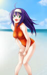 1girl :d alluring bare_shoulders beach big_breasts day female_focus fire_emblem fire_emblem:_path_of_radiance green_eyes hairband headband high_res intelligent_systems long_hair mia_(fire_emblem) nintendo one-piece_bikini open_mouth purple_hair smile swimsuit tamamon turtleneck