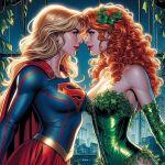 2_girls alternate_hairstyle arm_behind_back bare_shoulders batman_(series) blonde_female blonde_hair blue_shirt breasts cape cityscape cleavage closed_eyes closed_mouth collarbone couple curly_hair dc_comics dcau duo elbow_gloves eye_contact face-to-face female/female female_only glass gloves green_gloves green_leotard greenhouse heroine indoors kara_zor-el kryptonian leaf leaf_clothing leaf_hair_ornament leaves legwear leotard lips lipstick long_hair long_sleeves looking_at_another love makeup medium_breasts multiple_girls mutual_yuri neck night night_sky orange_hair pamela_isley pantyhose plant plant_girl pleated_skirt poison_ivy red_cape red_lipstick red_skirt romantic romantic_couple shirt skin_tight skirt sky smile standing straight_hair strapless strapless_leotard supergirl supergirl_(series) superhero_costume superheroine superman_(series) supervillainess thesupergirlfan thesupergirlfan_(artist) tree villainess yuri