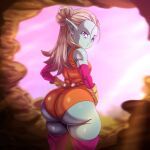 1girl 1girl 1girl 2025 absurd_res aqua_skin arm_warmers ass big_ass blonde_hair breasts dragon_ball_daima gloves hair_bun high_res legs legwear leotard long_hair looking_back nexxa panzy_(dragon_ball_daima) pink_legwear plump pointy_ears purple_eyes small_breasts standing stockings teenage_girl thick_thighs thighs younger_female