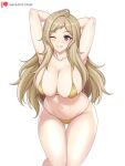 1girl 1girl 1girl aged_up alluring alternate_costume arms_behind_head arms_up ass_visible_through_thighs bare_thighs big_breasts bikini blonde_hair cleavage female_only fire_emblem fire_emblem_fates grey_eyes grin hayato_stuff intelligent_systems looking_at_viewer micro_bikini nintendo one_eye_closed ophelia_(fire_emblem) plump skindentation swimsuit thighs white_background wide_hips wink yellow_bikini yellow_swimsuit