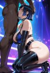 1boy1girl 1girl ai_generated blue_hair curvy curvy_female curvy_figure dark-skinned_male fellatio fellatio genshin_impact nightclub nude sex stripper_pole yelan_(genshin_impact)