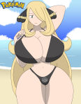 1girl 1girl 1girl alternate_body_type alternate_breast_size armpits bikini blonde_hair breasts cynthia_(pokemon) female_only grey_eyes huge_breasts igphhangout orihime_inoue8 pokemon swimsuit thick_thighs thighs