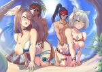 2_girls 2boys all_fours animal_ears beach bent_over big_breasts black_hair brown_hair cat_ears dark-skinned_male dark_skin eunie_(xenoblade) high_res medium_breasts mio_(xenoblade) multiple_boys multiple_girls noah_(xenoblade) ponytail revolverwing revolverwingstudios sex taion_(xenoblade) visor_cap white_hair xenoblade_(series) xenoblade_chronicles_3