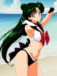 1girl accurate_art_style adult_swim alluring beach bishoujo_senshi_sailor_moon bishoujo_senshi_sailor_moon_r bishoujo_senshi_sailor_moon_s bishoujo_senshi_sailor_moon_s_the_movie bishoujo_senshi_sailor_moon_supers bishoujo_senshi_sailor_moon_supers_the_movie cleavage crimson_eyes dark_green_hair medium_breasts ocean pin_up sailor_bikini seriola setsuna_meiou toei_animation toonami viz_media
