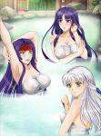 1girl 3_girls alluring altina_(fire_emblem) arms_up back bare_back bare_shoulders bath big_breasts big_breasts blue_eyes collarbone female_only fire_emblem fire_emblem:_path_of_radiance fire_emblem:_radiant_dawn hand_mark hot_spring intelligent_systems leenvidia lips lipstick long_hair micaiah_(fire_emblem) multiple_females multiple_girls nintendo nipples onsen open_mouth partially_submerged purple_hair red_lipstick sanaki_kirsch_altina see-through silver_hair tattoo towel yellow_eyes