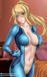 1girl aqua_eyes arm_at_side baileymcpatty bed big_breasts blonde_female blonde_hair blue_bodysuit blurry blurry_background blush bodysuit breasts cleavage collarbone embarrassed female_only female_solo floating_hair grabbing grabbing_own_breast hair_between_eyes hand_up indoors lips long_hair looking_at_viewer metroid metroid_other_m metroid_zero_mission navel neck nintendo parted_lips pillow ponytail pussy samus_aran shaved_pussy shy skin_tight standing tied_hair torn_bodysuit torn_clothes uncensored zero_suit zero_suit_samus