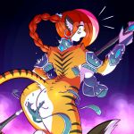 1girl anthro armor ass blush broken_armor destroyed_clothing embarrassed furry galajo red_hair surprised thick_thighs tiger wardrobe_malfunction weapon