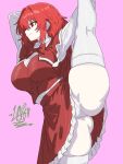 1girl 2d artist_signature ass big_ass big_breasts bowtie breasts cape clothed drawlab33t exposed_panties flexible flexible_female frilled_skirt leg_grab leg_lift long_hair looking_pleasured looking_to_the_side panties pink_background red_cape red_eyes red_hair red_skirt red_vest shirt skirt smile solid_color_background source splits stockings stretching thick_thighs thighs touhou touhou_(pc-98) vertical_splits vest voluptuous white_panties white_shirt white_thighhighs yumemi_okazaki
