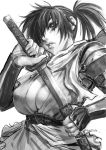 armor bangs breasts bust cleavage female fighting_stance hair_over_one_eye japanese_armor japanese_clothes katana kimono konchiki kote large_breasts lips manyuu_chifusa manyuu_hikenchou monochrome ninja no_bra official_art ponytail sash scarf sheath short_hair short_kimono simple_background sketch solo sword torn_clothes unsheathing upper_body weapon white_background