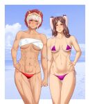 1girl 2_girls abs alluring alternate_costume athletic_female bare_legs bikini bikini_bottom brown_eyes brown_hair bunny_ears female_abs female_only fire_emblem fire_emblem_awakening fire_emblem_fates fit_female hand_holding humanoid intelligent_systems long_hair looking_at_viewer mask_on_head medium_breasts micro_bikini multiple_females multiple_girls navel nintendo niramoli oni_mask panne_(fire_emblem) partially_visible_vulva purple_bikini purple_swimsuit pussy red_bikini red_bikini_bottom red_eyes rinkah_(fire_emblem) sarashi short_hair sideboob smile string_bikini swimsuit taguel under_boob white_hair