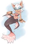 1girl air_bubble bat bracelet breasts eyelashes female fish fur green_eyes half-closed_eyes high_res jewelry kaijumilk mammal marine merfolk narrowed_eyes navel open_mouth open_smile rouge_the_bat sega smile solo sonic_(series) sonic_the_hedgehog_(series) split_form unavailable_at_source underwater water white_body white_fur