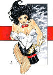1girl arm_at_side bare_arms bare_shoulders big_breasts black_hair black_hat black_headwear blue_eyes bow bowtie breasts cleavage closed_mouth corset crossed_legs crossed_legs_(standing) dc_comics dcau detached_collar eyeshadow female_only female_solo fishnet_legwear fishnet_pantyhose fishnets floating_hair from_above hand_up hat hat_removed headwear heroine holding holding_hat holding_object holding_wand juniormaia100 juniormaia100_(artist) justice_league justice_league_unlimited legs legwear lips lipstick long_hair looking_at_viewer looking_up magic magic_wand magician makeup naughty_face pantyhose purple_lipstick red_bow red_bowtie smile standing straight_hair strapless superhero_costume superheroine thighs top_hat wand white_corset zatanna zatanna_zatara