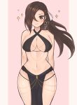 1girl 1girl 1girl alluring bare_shoulders blush brown_eyes brown_hair cowboy_shot criss-cross_halter female_only fire_emblem fire_emblem_fates hair_over_one_eye halterneck high_res intelligent_systems kagero_(fire_emblem) loincloth long_hair looking_at_viewer navel nintendo pink_background purrlucii sparkle standing stomach thighs very_long_hair yomorio_lingerie