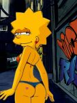 1girl 20th_century_studios aged_up alley ass back_view bra earrings female_focus fox_corporation inviting_to_sex jewelry lisa_simpson looking_back night night_sky prostitute prostitution revealing_clothes seductive seductive_look seductive_pose seductive_smile short_shorts spiked_hair tattoo_on_ass the_simpsons yellow_skin younger_female