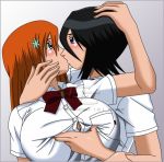  big_breasts black_hair bleach blush breast_grab breasts crosscutter from_behind grey_eyes hair_ornament hairpin hand_on_face hand_on_head inoue_orihime kissing kuchiki_rukia long_hair orange_hair purple_eyes school_uniform short_hair 