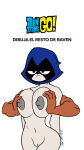 1boy 1girl 2021 anonymous_male areola big_breasts cloak dated erect_nipples expressionless hands_behind_back interracial muscular_arms navel nude pressing_breasts_together purple_eyes pussy rachel_roth raven_(dc) signature spanish_text teen_titans_go tiquitoc white_background