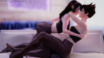 2_girls 3d alternate_costume arm_around_neck ass bare_arms bare_shoulders bed big_ass black_legwear black_pantyhose black_tube_top blizzard_entertainment blurry blurry_background breasts brown_hair couple d.va_(overwatch) duo eye_contact facial_mark female/female female_only girl_on_top half-closed_eyes headgear headphones hugging incipient_kiss legwear long_hair looking_at_another love medium_breasts midriff multiple_girls mutual_yuri neck nyalicia nyalicia_(artist) on_bed overwatch pantyhose pillow romantic romantic_couple short_hair small_breasts straight_hair strapless tracer_(overwatch) tubetop yuri