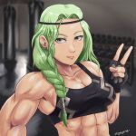 1girl abs alluring athletic_female censored e_m_a female_abs fire_emblem fire_emblem_heroes fit_female green_hair high_res intelligent_systems long_hair mole mole_under_eye navel nintendo nott_(fire_emblem) nude open_mouth signature yodorimy