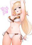 1girl alluring alternate_costume arms_up ass_visible_through_thighs bare_thighs bikini blonde_hair cleavage female_only fire_emblem fire_emblem_heroes got0_naisho green_eyes intelligent_systems long_hair medium_breasts multicolored_hair nintendo official_alternate_costume open_mouth sharena_(fire_emblem) smile swimsuit thank_you thighs very_long_hair white_background white_bikini white_swimsuit yellow_hair