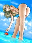 1girl absurd_res ahoge alluring ass blonde_hair blue_background blue_eyes circlet closed_mouth day fire_emblem fire_emblem_fates fire_emblem_heroes high_res holding_leg intelligent_systems long_hair medium_breasts nintendo ophelia_(fire_emblem) red_ball ronindude sling_bikini slingshot_swimsuit swimsuit water watermark web_address
