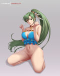 1girl alluring alternate_costume bare_legs big_breasts bikini blue_bikini blue_swimsuit choker dakkalot feather_hair_ornament female_only fire_emblem fire_emblem:_the_blazing_blade fire_emblem_heroes fire_emblem_warriors green_eyes green_hair hair_ornament intelligent_systems kneel long_hair looking_at_viewer lyn lyn_(fire_emblem) lyndis lyndis_(fire_emblem) midriff naked_from_the_waist_down navel nintendo official_alternate_costume ponytail pussy side-tie_bikini swimsuit