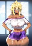 1girl ai_generated bleach blonde_hair curvy curvy_female curvy_figure dark-skinned_female gym_clothes long_sleeves tier_harribel