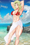 1girl abs athletic_female bikini bikini_top_only commission female_abs fire_emblem fire_emblem_heroes fit_female green_hair grey_eyes highres intelligent_systems large_breasts mole mole_on_breast mole_under_eye nintendo nott_(fire_emblem) pablo150898 sarong solo swimsuit tagme