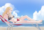 1girl 1girl 1girl ahoge alluring alternate_costume armband bare_arms bare_legs barefoot beach beach_chair bikini black_bikini black_swimsuit blonde_hair clarisse_(fire_emblem) cleavage cloud commission female_only fire_emblem fire_emblem:_new_mystery_of_the_emblem full_body grey_eyes high_res intelligent_systems legs long_hair looking_at_viewer lying medium_breasts navel nintendo ocean on_side outside pomelomelon red_bikini red_swimsuit smile stomach swimsuit
