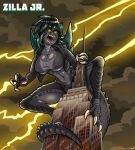 1girl breasts female giantess godzilla:_the_series godzilla_(series) grey_skin janus_jammy kaiju kaiju_girl monster_girl nipple_bulge orange_hair reptile scales sharp_teeth short_hair solo tagme tail toho two-tone_hair under_boob zilla zilla_jr.