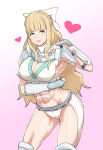 1girl 1girl abs alluring armor athletic_female big_breasts bikini_armor blonde_hair blue_eyes blunt_bangs blush bow charlotte_(fire_emblem) cleavage female_abs female_focus fire_emblem fire_emblem_fates fit_female heart high_res intelligent_systems kishio_(agedama) lips nintendo pink_background smile thighs vambraces white_bow