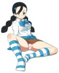  1girl blush braid cameltoe female footwear gym_leader momogesomaru momogumo multi-tied_hair panties pokemon pokemon_(game) pokemon_dppt school_uniform skirt socks solo spread_legs striped striped_legwear striped_socks suzuna_(pokemon) twin_braids uncensored underwear upskirt white_background 