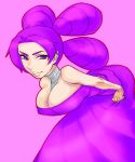  1girl bad_id breasts creatures_(company) elbow_gloves fantina_(pokemon) female game_freak ghost_type_trainer gym_leader humans_of_pokemon melissa_(pokemon) mizubaki nintendo pale_skin pigtails pokemon pokemon_(anime) pokemon_(game) pokemon_diamond_pearl_&amp;_platinum pokemon_dppt purple_dress quad_tails sagging_breasts simple_background solo violet_eyes violet_hair 