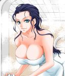 1girl arm arms art babe bare_shoulders bent_over big_breasts black_hair blue_eyes blue_hair breasts chikaburo cleavage collarbone female hair large_breasts long_hair looking_at_viewer naked_towel nico_robin nude nude_cover one_piece smile solo steam towel