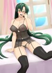 1girl alluring ass_visible_through_thighs athletic_female bra female_abs fire_emblem fire_emblem:_the_blazing_blade fire_emblem_warriors fit_female green_eyes green_hair hair_down hocen intelligent_systems lingerie long_hair looking_at_viewer lyn lyn_(fire_emblem) lyndis_(fire_emblem) nintendo open_mouth panties see_through sitting stockings underwear