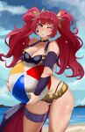 1girl 1girl 1girls alluring ball beach beachball belt big_breasts bikini black_bikini black_choker blue_sky ceroccb choker cleavage cloud commentary english_commentary fire_emblem fire_emblem_engage grin hair_ornament high_res holding intelligent_systems long_hair looking_at_viewer nintendo ocean official_alternate_costume official_alternate_hairstyle one_eye_closed outside red_eyes red_hair sand sky smile star_(symbol) star_hair_ornament swimsuit thighs twin_tails very_long_hair water yellow_belt yunaka_(fire_emblem)