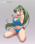 1girl alluring alternate_costume big_breasts bikini blue_bikini blue_swimsuit choker dakkalot feather_hair_ornament female_only fire_emblem fire_emblem:_the_blazing_blade fire_emblem_heroes fire_emblem_warriors green_eyes green_hair hair_ornament intelligent_systems kneel long_hair looking_at_viewer lyn lyn_(fire_emblem) lyndis lyndis_(fire_emblem) midriff navel nintendo official_alternate_costume ponytail side-tie_bikini swimsuit