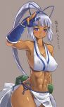  1girl abs armpits blue_eyes breasts dark_skin erect_nipples female gloves large_breasts long_hair majikina_mina midriff mina_majikina muscle nagase_haruhito ponytail samurai_shodown samurai_spirits snk solo translated white_hair 