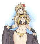 1girl absurd_res alluring big_breasts bikini blonde_hair blue_background blue_eyes blush cleavage cleavage_cutout clothing_cutout fire_emblem fire_emblem_fates flower hair_flower hair_ornament hayato_stuff high_res holding intelligent_systems long_hair looking_to_the_side midriff navel nintendo ophelia_(fire_emblem) smile swimsuit towel two-tone_background white_background wrist_cuffs yellow_bikini